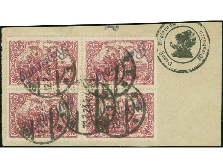 1922, 2,50 M. lilakarmin mit violettschwarzem kopfstehendem Aufrduck in Type III, Viererblock, sauber gestempelt auf Briefstü