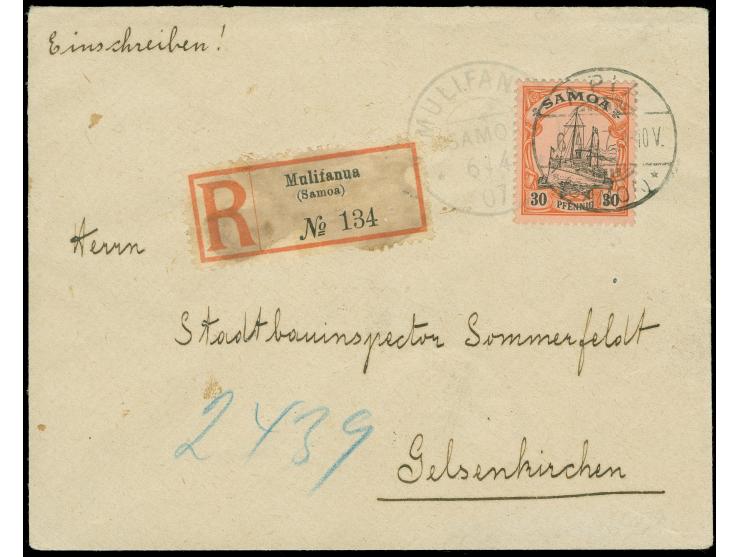 1900, Kaiseryacht 30 Pfg., als Einzelfrankatur auf portogerechtem R-Fernbrief von “MULFANUA (SAMOA) 6/4 / 07” mit R-Zettel, z