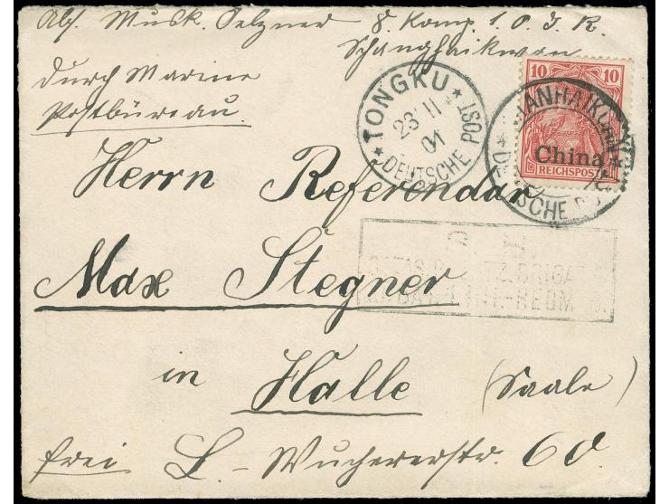 “SHANHAIKUAN * DP *” auf Germania 10 Pfg. sowie nebengesetzt EKr. “TONGKU 23 11 / 01” und Ra2 “S.B. OSTAS. EXPED. II. BAT. 1.