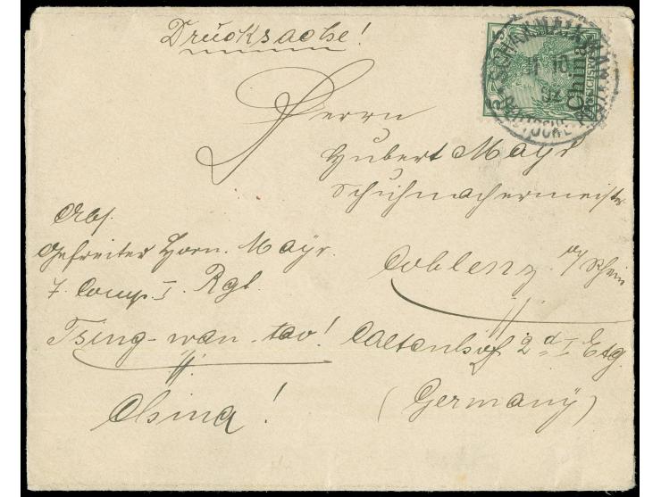 “SCHANHAIKUAN * DP * 11 10 / 02” auf Germania 5 Pfg. auf portogerechter Drucksache nach Koblenz, Marke einwandfrei, Umschlag 