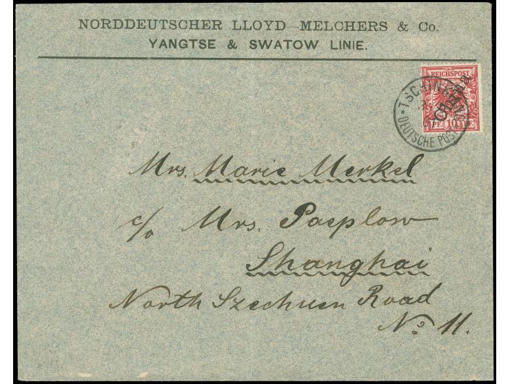 Steiler Aufdruck: 1898, Krone/Adler 10 Pfg., als Einzelfrankatur auf portogerechtem Vordruck-Brief von “TSCHINKIANG / DP / 3/