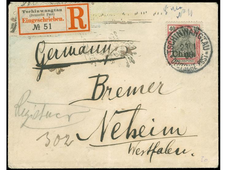 “TSCHINWANTAU / DP / 23/1 / 06” auf Germania 40 Pfg., als portogerechte Einzelfrankatur auf R-Brief mit R-Zettel (Einfeldt Nr