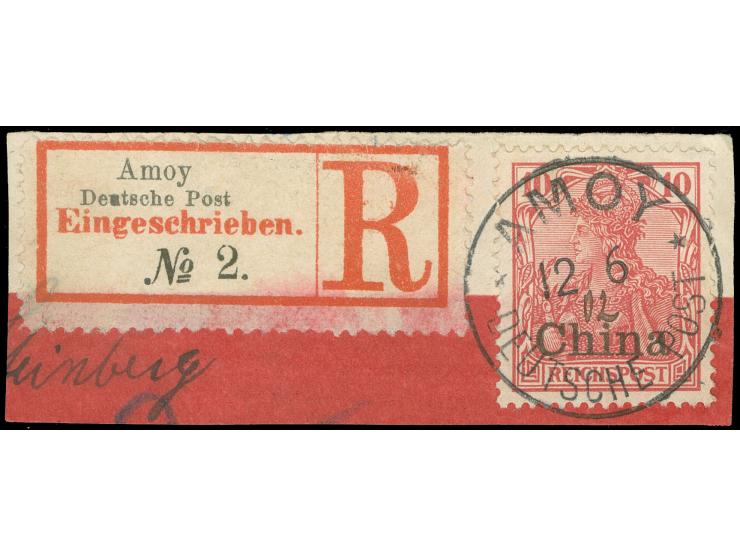 “AMOY DP / 12 6 02”, EKr. mit handschriftlicher Jahresangabe “02” auf Germania 10 Pfg. mit R-Zettel Nr. “2” auf Briefstück ei