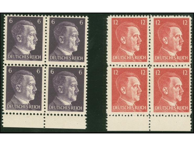 ANERIKANISCHEFÄLSCHUNGEN FÜR DEUTSCHLAND: 1944, Hitler 6 Pfg. und 12 Pfg., Unterrand-Viererblock, gez. 12 ½, postfrisch, tade