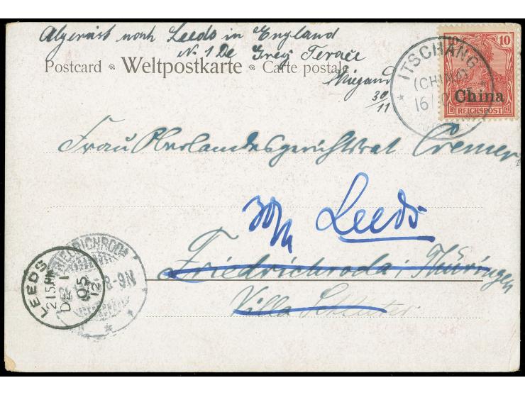 “ITSCHANG (CHINA) DP / 16/10 / 05”, Ekr. auf Germania 10 Pfg. als portogerechte Einzelfrankatur auf Ansichtskarte nach Friedr