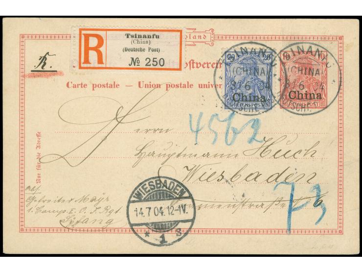 1901, Karte 10 Pfg. mit Zufrankatur Germania 20 Pfg. als portogerechte R-Fernkarte von “TSINANFI (CHINA) DP / 3/6 04” nach Wi