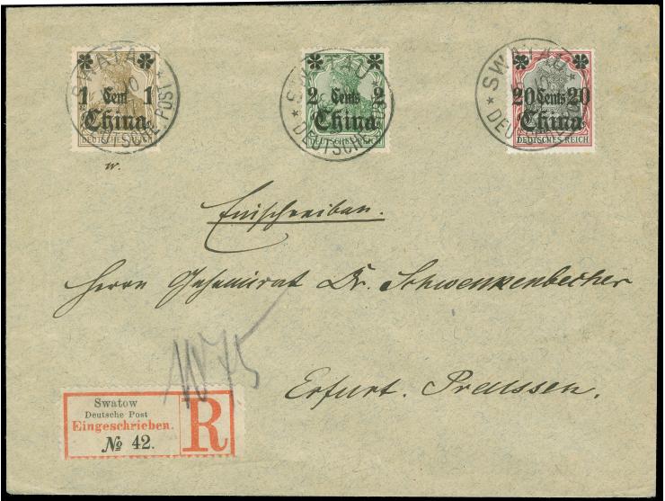 1905, Germania 1 C. auf 3 Pfg., 2 C. auf 5 Pfg. und 20 C. auf 30 Pfg., auf R-Fernbrief von “SWATOW DP 18/10 / 07” nach Erfurt