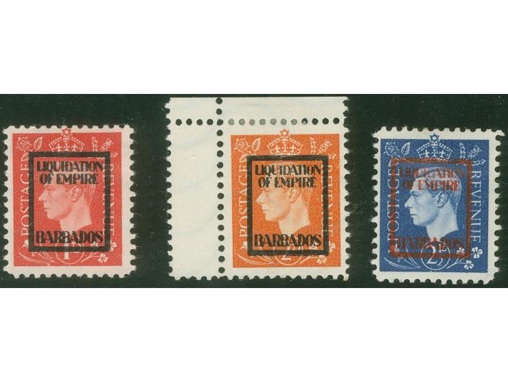 DEUTSCHE FÄLSCHUNGEN FÜR GROẞBRITANNIEN: 1944, Liquidation of Empire “BARBADOS” 1 p. und 2 p.- 2 ½ p., ohne Gummi, 2 p. mit Z