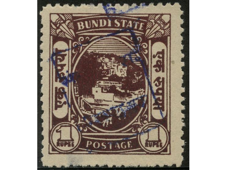 1948/49, Bundi 1 r. chocolate (1947 issue) handstamp with Rajasthan SG type 1 in blue, unused, tiny thin at bottom left, othe