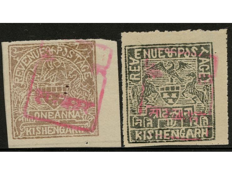 1948-49, Kishangarh 1 a. brown-lilac imperf right margin stamp (1899-1901 issue) and 8 a. slate pin-perf (1904-10 issue), bot