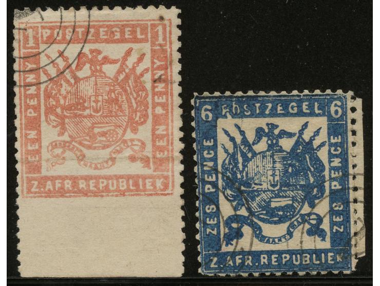 1874, Typographed by P. Davis &amp; Son, Pietermaritzburg: 1 d. pale brick red and 6 d. deep blue, perforated 12½, 1 d. on op