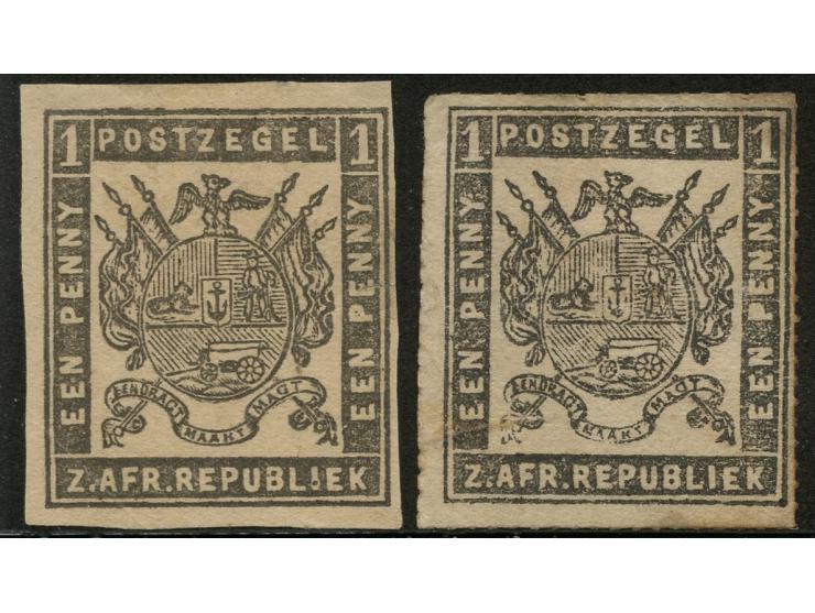 1870, Typographed by J.P. Borrius in Potchefstroom: 1 d. grey-black on stout paper, two unused stamps, one imperf with tiny c