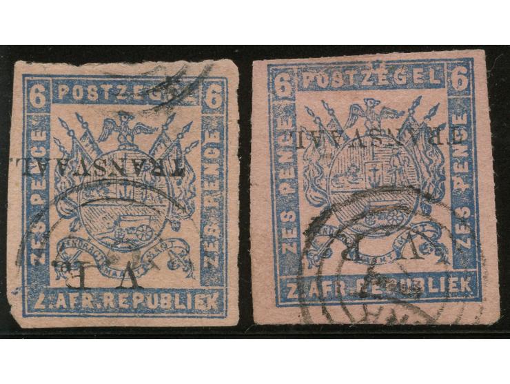 1877, "V.R. / Transvaal" 6 d. blue on rose paper, used two stamps with Type 4 overprint inverted, imperforate with the plate 