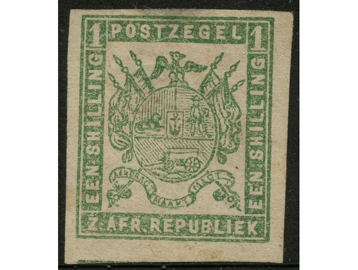 1870, Typographed by M.J. Viljoen in Pretori: 1 s. yellow-green, coarse impression, on thicker hard paper, imperf wide margin
