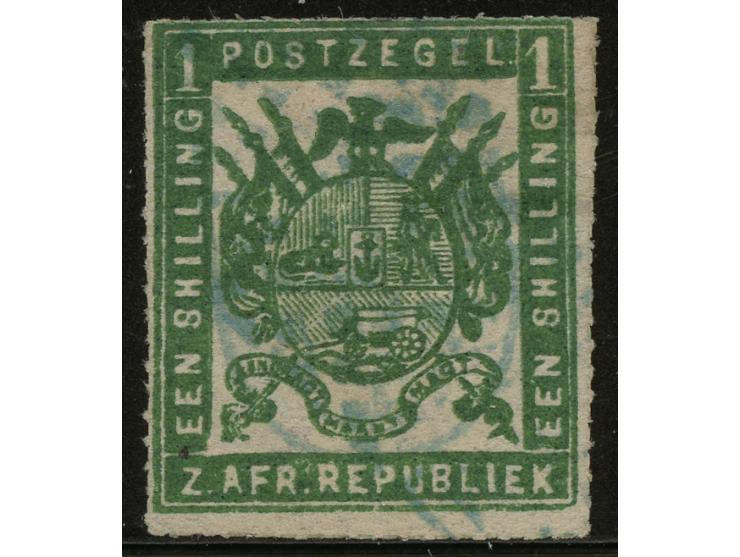 1872-74, Transvaal First Republic Issues Borrius: 1 sh. green, fine roulette on thin transparent paper, light blue cancelled,
