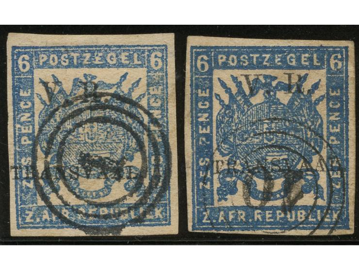 1877, New Printings on coarse soft white paper: two stamps 6 d. blue and 6 d. dull blue, both imperforate, optd. type 4 in bl
