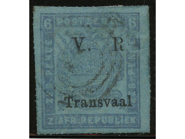 1878, “V.R. / Transvaal” new printings on blued paper: 6 d. blue on blued, rouletted 15½-16, Setting III, used with large mar