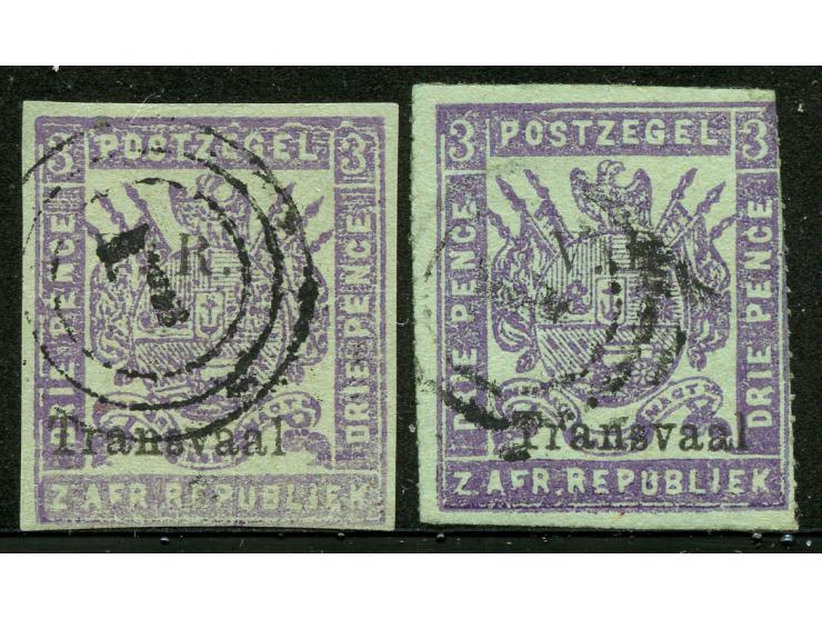 1879, “V.R. / Transvaal”: New Printings on green paper, two stamps 3 d. mauve on green, perforate and imperforate, each optd.