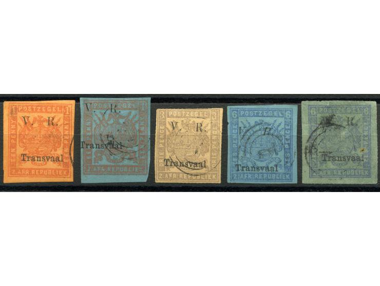 1877, "V.R. / Transvaal" printings on coloured papers, five used stamps, mainly fine, four signed Köhler.
