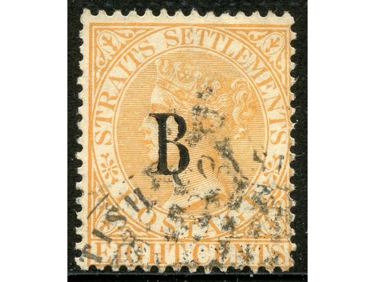 1882/85, British Post Office in Siam: QV 8 c. orange, watermark Crown CA, overprinted with Type 1, part cancelled by "(BRI)TI