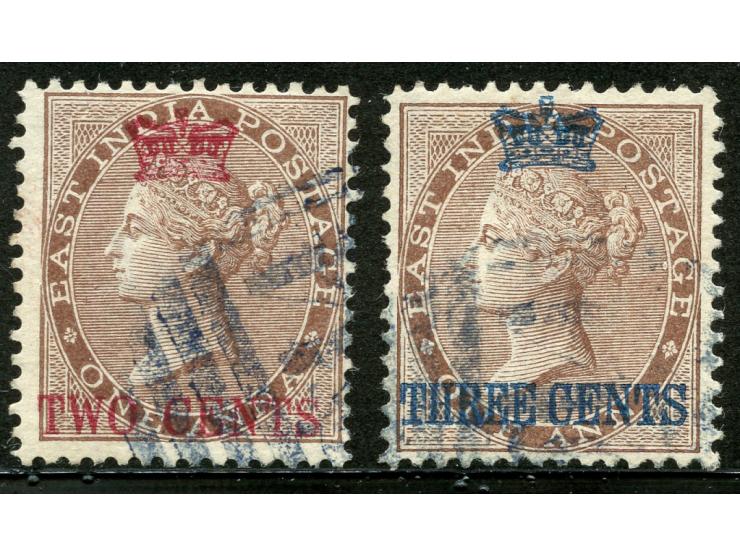 1867, QV India 1 a. brown with red or blue overprint ´Crown´, TWO CENTS and THREE CENTS, good perforations, both light cancel
