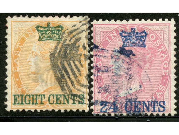 1867, Crown 8 c. on India 2 a. yellow, green overprint and 24 c. on 8 a. rose, blue overprint, each light cancelled, fresh an
