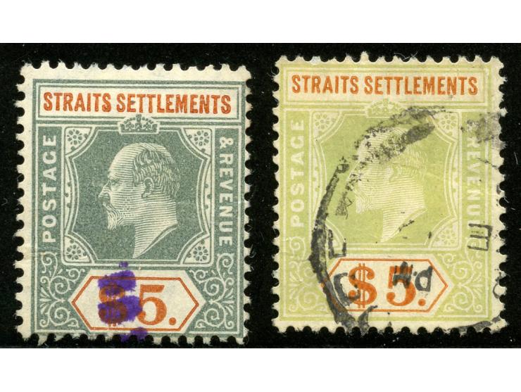 1902 Edward VII, two stamps $5 dull green &amp; brown-orange, shades, watermark multiple Crown CA, fine pair.