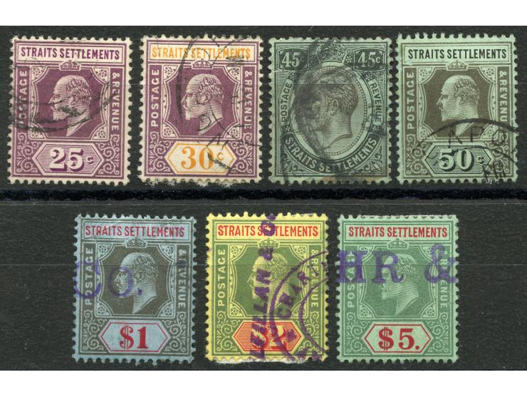 1902, Edward VII set of seven stamps up to $5 green and red on green, 25 c. variety ‘on very thick paper’, watermark multiple