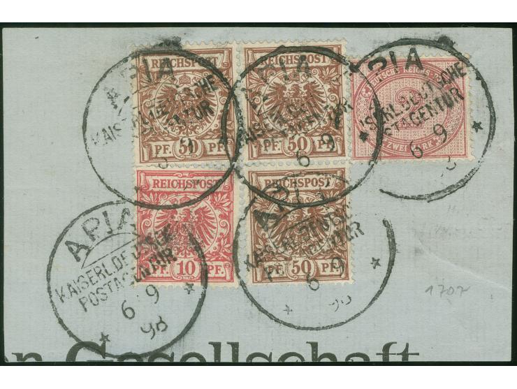 1890/1891, 2 M. dunkelrotkarmin, drei Exemplare 50 Pfg. lebhaftrötlichbraun, sowie 10 Pfg. lebhaftlilarot, sauber gestempelt 