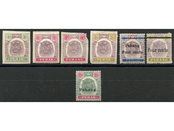 1898, Tiger´s Head Issue 25 c. green and carmine, unused with original gum, plus six stamps including SG 14-16 unused with pa