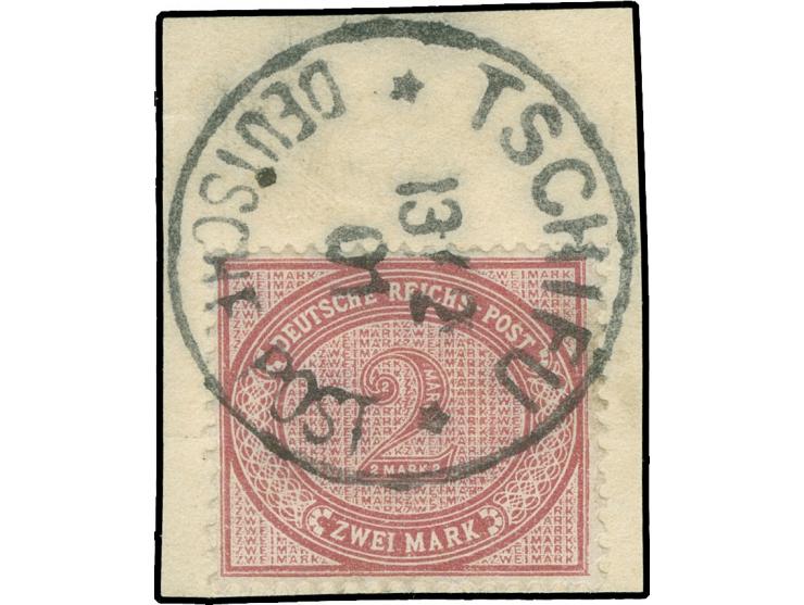 1890/1901, 2 M. dunkelrotkarmin, sauber gestempelt “TSCHIFU DP 13/2 01” auf Briefstück, einwandfrei