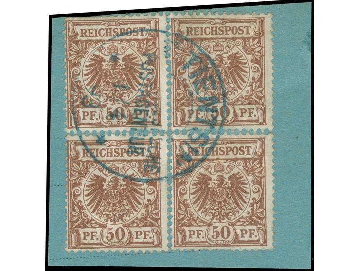 “TIENTSIN / KAISERL. DEUTSCHE / POSTAGENTUR 1/4 93”, EKr. in blau vom Ersttag auf Vorläufer Krone/Adler 50 Pfg. lebhaftrötlic