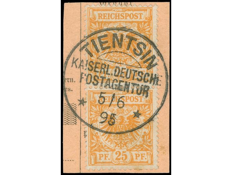 1890/1901, Krone/Adler 25 Pfg. gelblichorange, senkrechtes Paar, sauber gestempelt auf Postanweisungs-Briefstück, unterer Wer