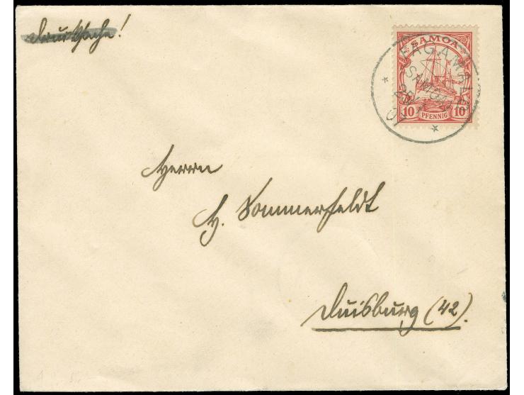 1900, Kaiseryacht 10 Pfg., als portogerechte Einzelfrankatur auf Drucksache von “FAGMALO (SAMOA) 25/1 07” nach Duisburg mit A