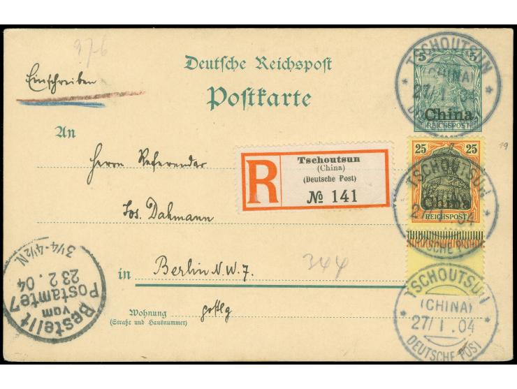 “TSCHOUTSUN (CHINA) / DP / 27/I .04” auf Karte Germania 10 Pfg. mit Wasserzeichen und Zufrankatur Germania 25 Pfg. Unterrand 