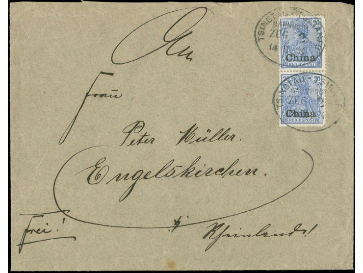 “TSINGTAU - TSINANFU / BAHNPOST / ZUG 2 / 14. II. 04” auf senkrechtem Paar Germania 20 Pfg. auf portogerechtem Brief der zwei