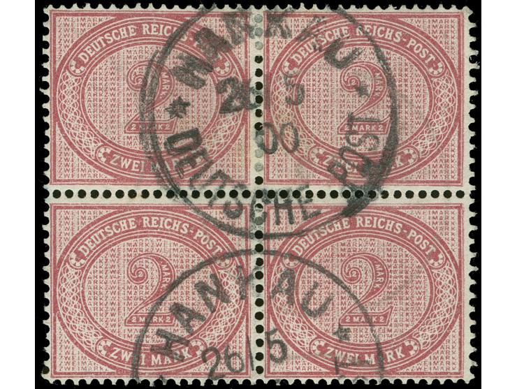 1890/1901, 2 M. dunkelrotkarmin, Viererblock, sauber mit EKr. “HANKAU / DP / 26/5 00” (Steuer x40), der Eckzahn der rechten o