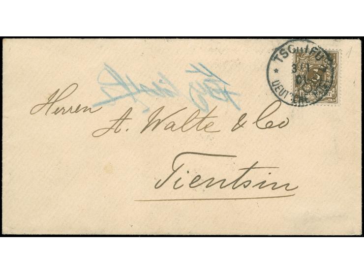 1898, Steiler Aufdruck: 3 Pfg., als portogerechte Einzelfrankatur auf Drucksache von TSCHIFU / DP / 3 / I 01" nach Tientsin m