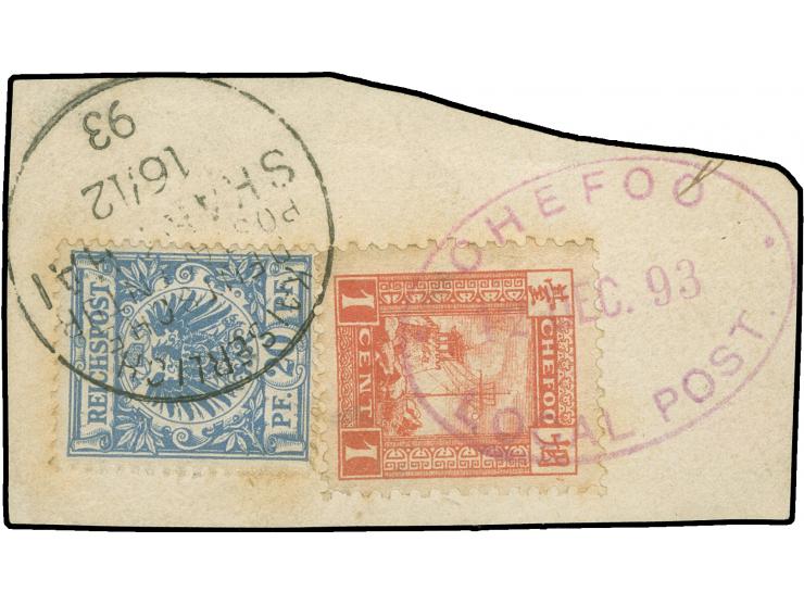 1890/1901, Krone/Adler 20 Pfg. violettultramarin, zusammen mit China Lokalausgabe Chefoo auf Briefstück, je sauber entwertet,