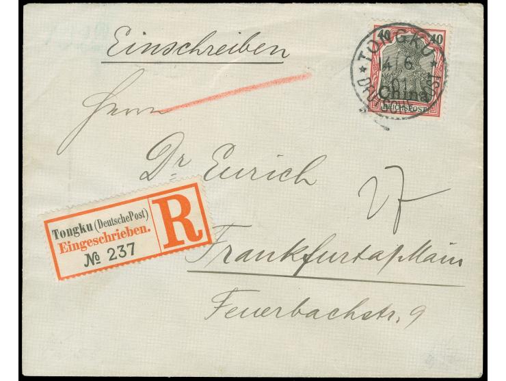 1901, Germania 40 Pfg., als portogerechte Einzelfrankatur auf R-Fernbrief von “TONGKU / DP / 14/6 01” nach Frankfurt mit Anku