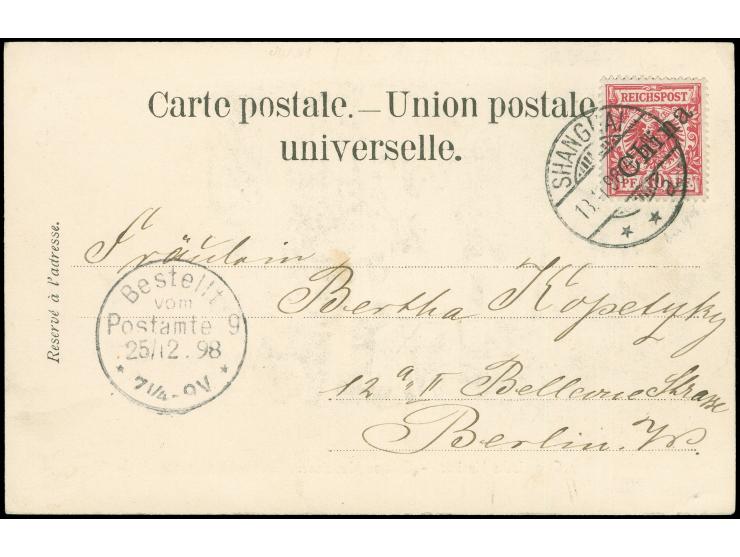 1898, diagonaler Aufdruck: 10 Pfg. lebhaftlilarot als portogerechte Einzelfrankatur auf Ansichtskarte von “SHANGHAI 18.11.98 