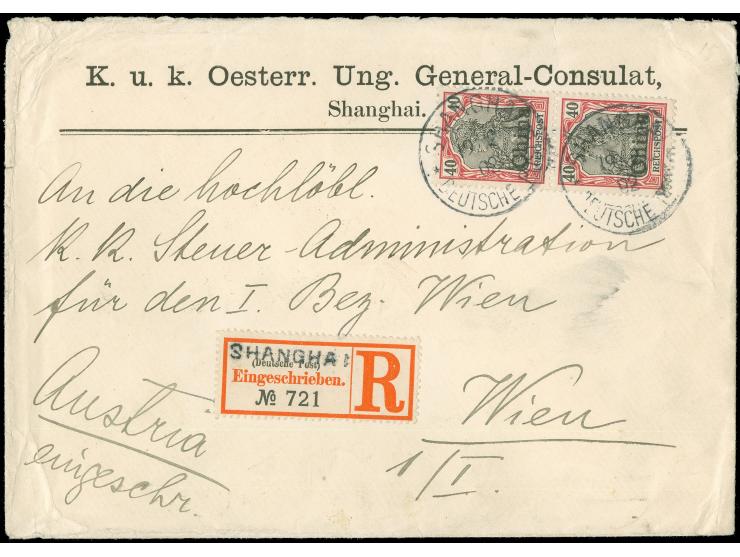 1901, Germania 40 Pfg., senkrechtes Paar als portogerechte Mehrfachfrankatur auf R-Fernbrief &nbsp;von “SHANGHAI / DP a / 19/