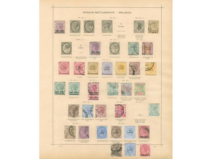 1867/1918, Straits Settlements Malacca Malay States: collection on 7 album pages, used and unused, Bangkok ‘B’ overprint, two