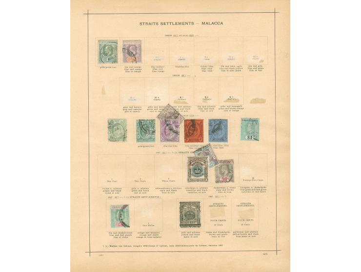 1867/1918, Straits Settlements Malacca Malay States: collection on 7 album pages, used and unused, Bangkok ‘B’ overprint, two