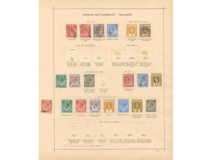 1867/1918, Straits Settlements Malacca Malay States: collection on 7 album pages, used and unused, Bangkok ‘B’ overprint, two