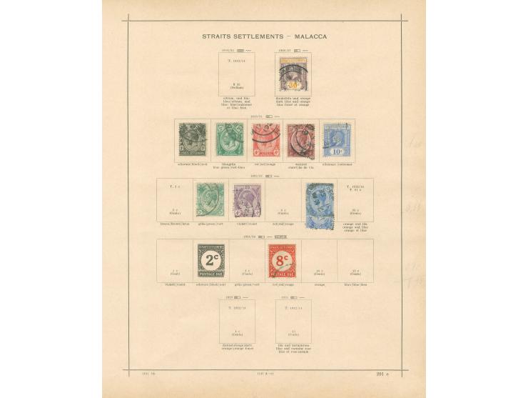 1867/1918, Straits Settlements Malacca Malay States: collection on 7 album pages, used and unused, Bangkok ‘B’ overprint, two