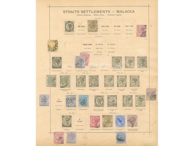 1867/1918, Straits Settlements Malacca Malay States: collection on 7 album pages, used and unused, Bangkok ‘B’ overprint, two