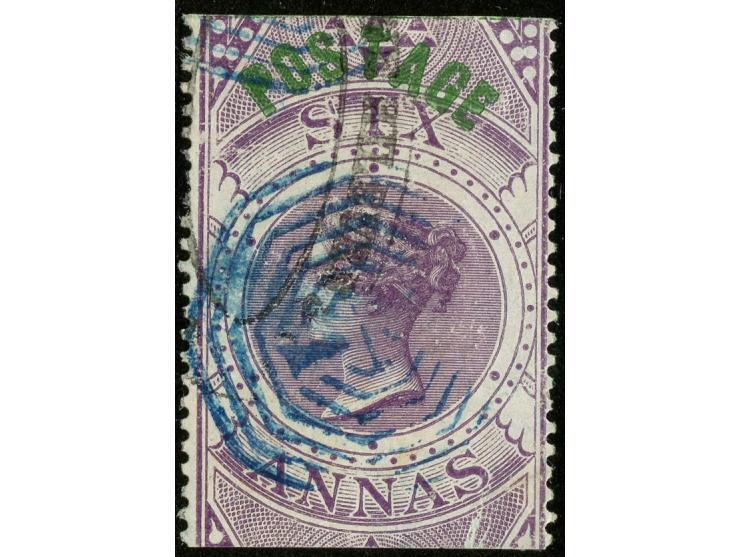 1866, Foreign Bill fiscal stamp 6 a. purple overprinted "Postage" in green, used with clear strike of blue "B/1" in octagon o
