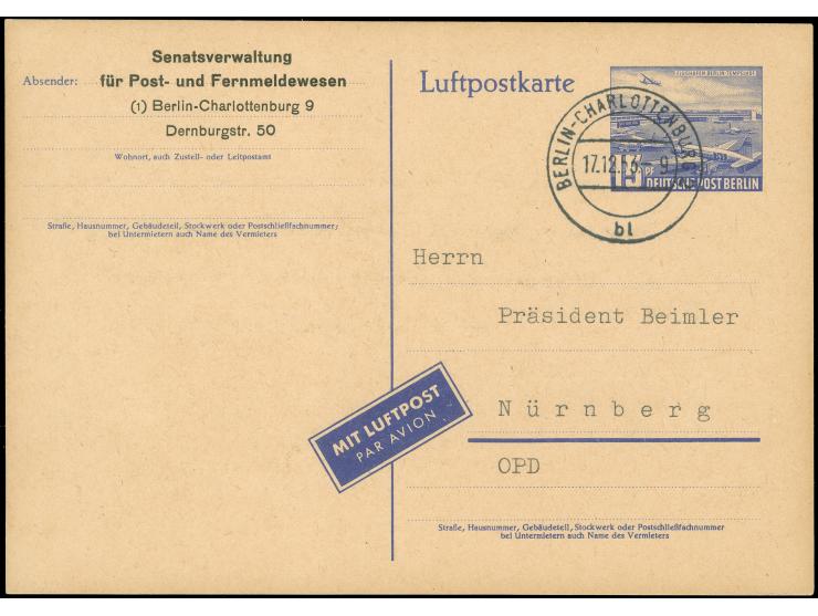 1953, Luftpost-Sonderkarte 15 Pfg. mit beidseitigem Zudruck der Senatsverwaltung Berlin, 2. Auflage mit rückseitigem gedruckt