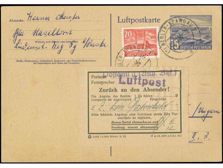 1953, Luftpost-Sonderkarte 15 Pfg. mit portogerechter Zufrankatur Bauten III 20 Pfg. als Luftpostkarte von “BERLIN-SPANDAU 1 